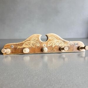 Vintage Hand-Carved Wooden Coat Rack – 5 Peg Rustic Wall Hook